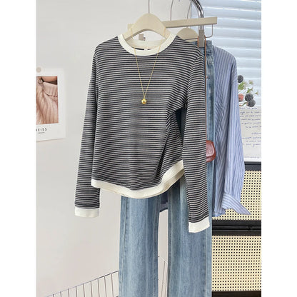 T-shirt rayé rétro à blocs de couleurs pour femmes, à manches longues, col rond, ourlet asymétrique en coton, chemise décontractée de base