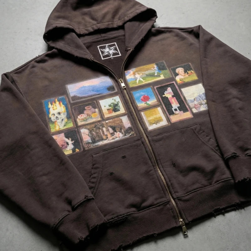 Sweat à capuche zippé marron rétro Y2K, coupe oversize, avec motif graphique pixelisé
