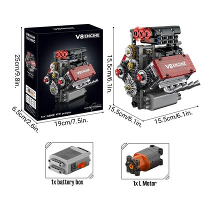 478PCS V8 Engine Building Blocks Model – Motorized Mechanical Car Engine Construction Set with Electric Drive, Desktop Ornament & Gift for Adults