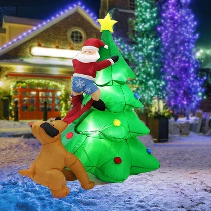 1.8M Inflatable Christmas Decoration – Dog Chasing Santa Claus on Tree Climbing Scene with Lights for Xmas Home & Party Decor