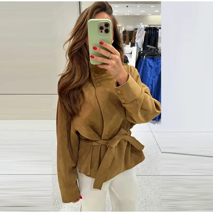 Women’s Vintage Suede Short Coat – Elegant Lace-Up Belted Jacket with Stand Collar, Single-Breasted Closure & Long Sleeves