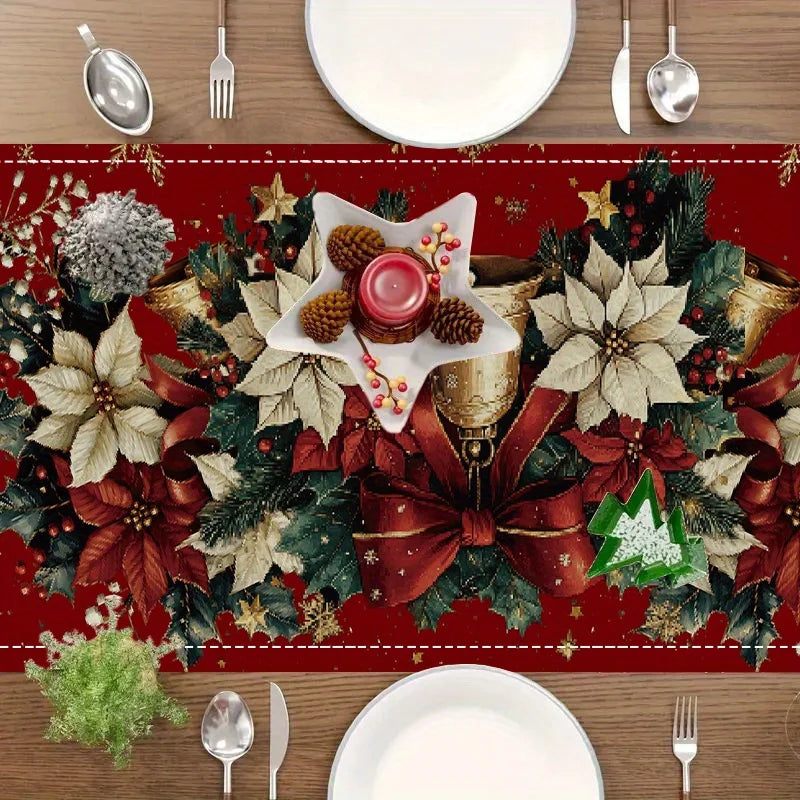 Christmas Poinsettia Table Runner – Winter Xmas Floral Tablecloth with Bells & Berry Design for Kitchen, Dining Table & Home Decor