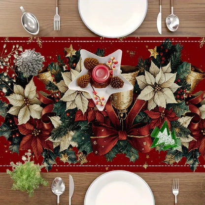 Christmas Poinsettia Table Runner – Winter Xmas Floral Tablecloth with Bells & Berry Design for Kitchen, Dining Table & Home Decor