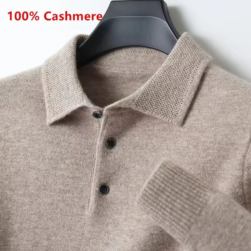 Men’s Luxury Merino Wool Cashmere Sweater – Buttoned Polo Collar Pullover, Warm Knitwear for Autumn & Winter Casual Wear