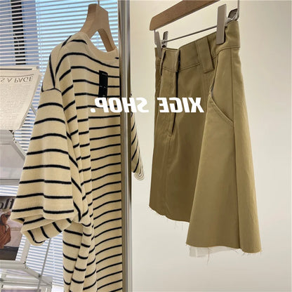 Women’s Korean Style Oversize Striped T-Shirt Loose Casual Short Sleeve Cotton Summer Commute Top