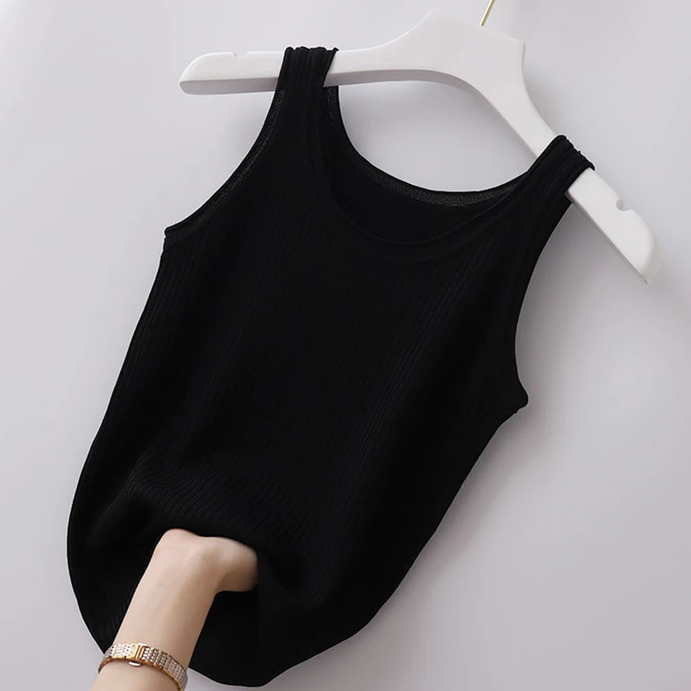 Haut court décontracté basique en tricot à col en U sans manches et de couleur unie pour femme, idéal pour l'automne
