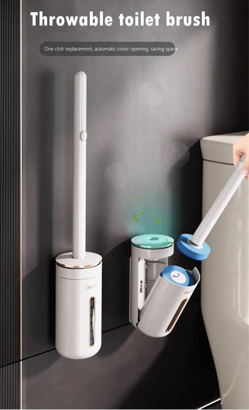 Wall Mounted Disposable Toilet Brush – Replaceable Toilet Cleaning Brush Set, Hygienic WC Scrubber Tool with Bathroom Storage Holder, Modern Bathroom Cleaning Accessory