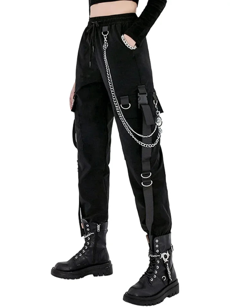 Pantalon Cargo Décontracté Noir pour Femmes Style Coréen Taille Haute Ample Hip Hop Jambe Droite Printemps Automne