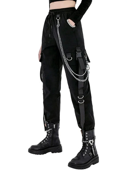 Pantalon Cargo Décontracté Noir pour Femmes Style Coréen Taille Haute Ample Hip Hop Jambe Droite Printemps Automne