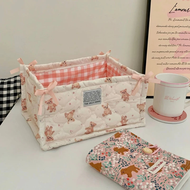 Cute Quilted Lace Storage Basket – Korean Desktop Organizer Bin for Cosmetics, Toys, Sundries & Home Décor