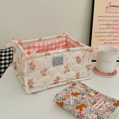 Cute Quilted Lace Storage Basket – Korean Desktop Organizer Bin for Cosmetics, Toys, Sundries & Home Décor