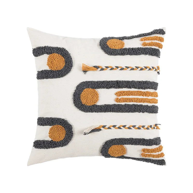 Boho Embroidered Throw Pillow Cover - Geometric Tassel Cushion Cover for Sofa, Living Room & Home Decor