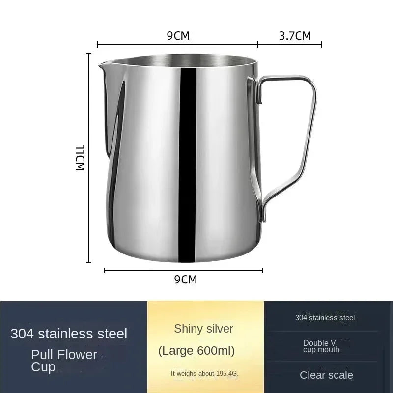 Jarra para espumar leche de acero inoxidable de 350 ml/600 ml con escala medidora – Jarra profesional de barista para hacer espuma de latte y café