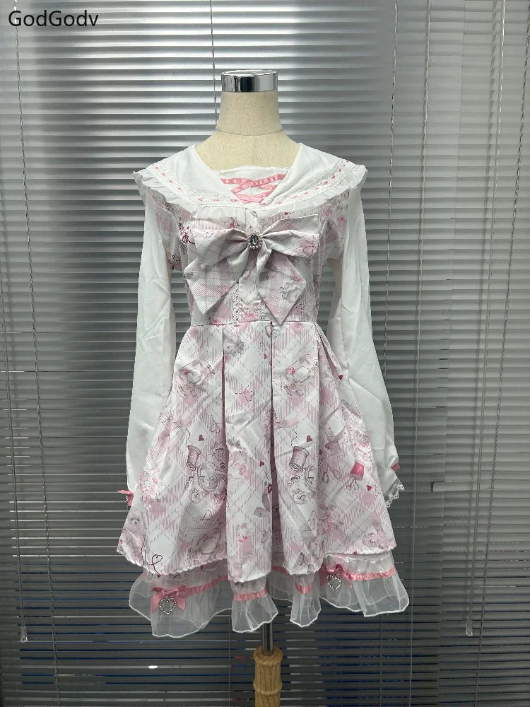 Vestido japonés Sweet Lolita Kawaii para mujer 2025, estampado de primavera, lazo, vestido falso de dos piezas, estilo coreano, ropa de fiesta