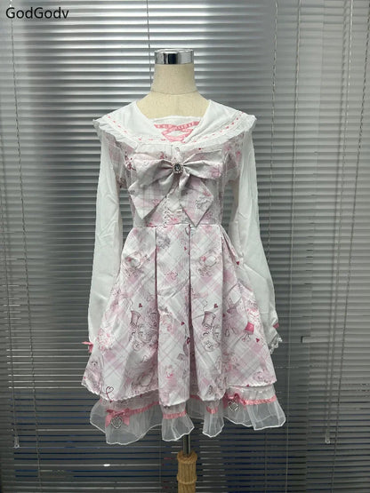 Vestido japonés Sweet Lolita Kawaii para mujer 2025, estampado de primavera, lazo, vestido falso de dos piezas, estilo coreano, ropa de fiesta