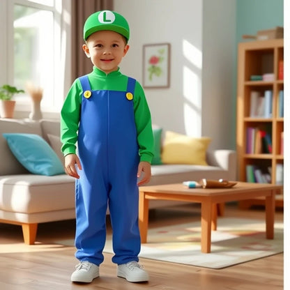 Plumber Cosplay Costume Bodysuit – Children’s Overalls Outfit for Boys & Girls Stage Performance, Anime Roleplay & Funny Party Wear