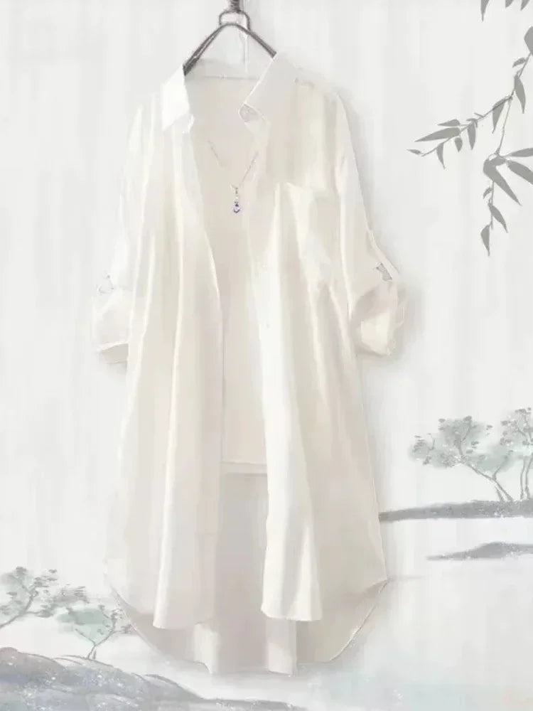 Plus Size Women's Long Sleeve Blouse – Breathable Loose Korean-Style Solid Color Casual Shirt