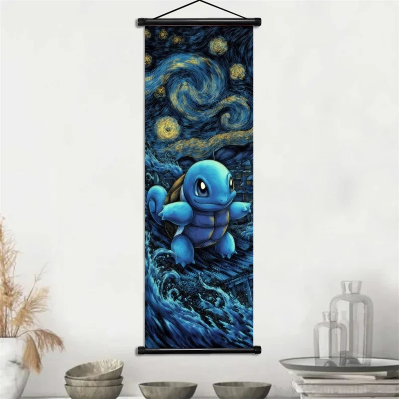 Pokémon Gengar, Squirtle y Mimikyu Noche Estrellada – Lienzo Decorativo Enrollable para Pared – Regalo para Decoración del Hogar