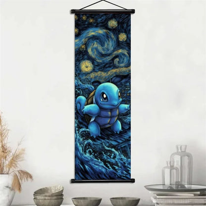 Pokémon Gengar, Squirtle y Mimikyu Noche Estrellada – Lienzo Decorativo Enrollable para Pared – Regalo para Decoración del Hogar