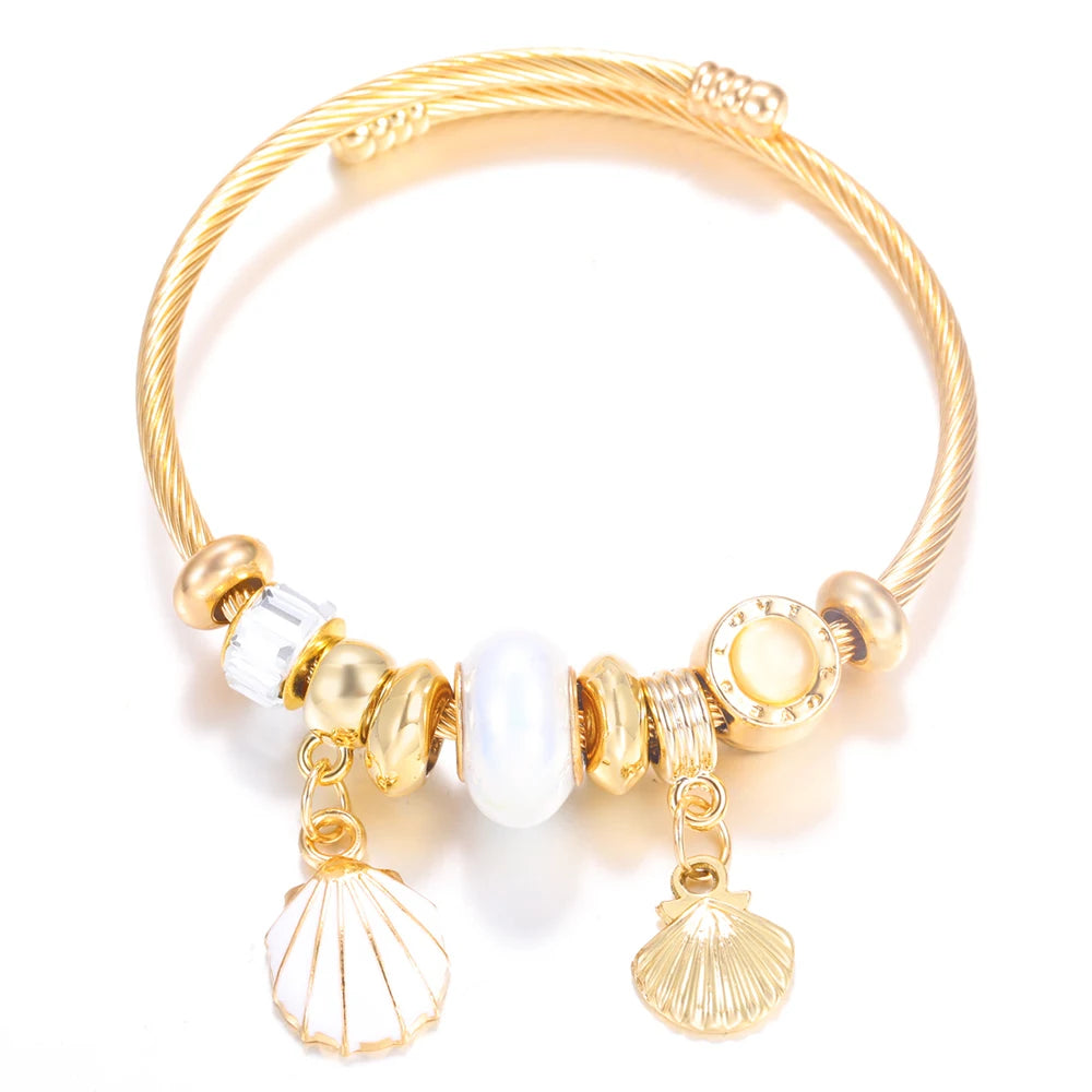 Pulsera con colgante de corazón y cuentas – Pulsera de abalorios de acero inoxidable de 4 colores para mujer | Regalo de joyería de moda dorada de tendencia