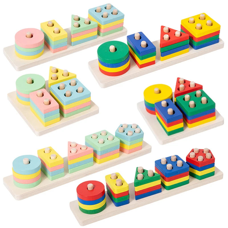 Montessori Wooden Building Blocks Color & Shape Matching Puzzle Educational Toy for Kids