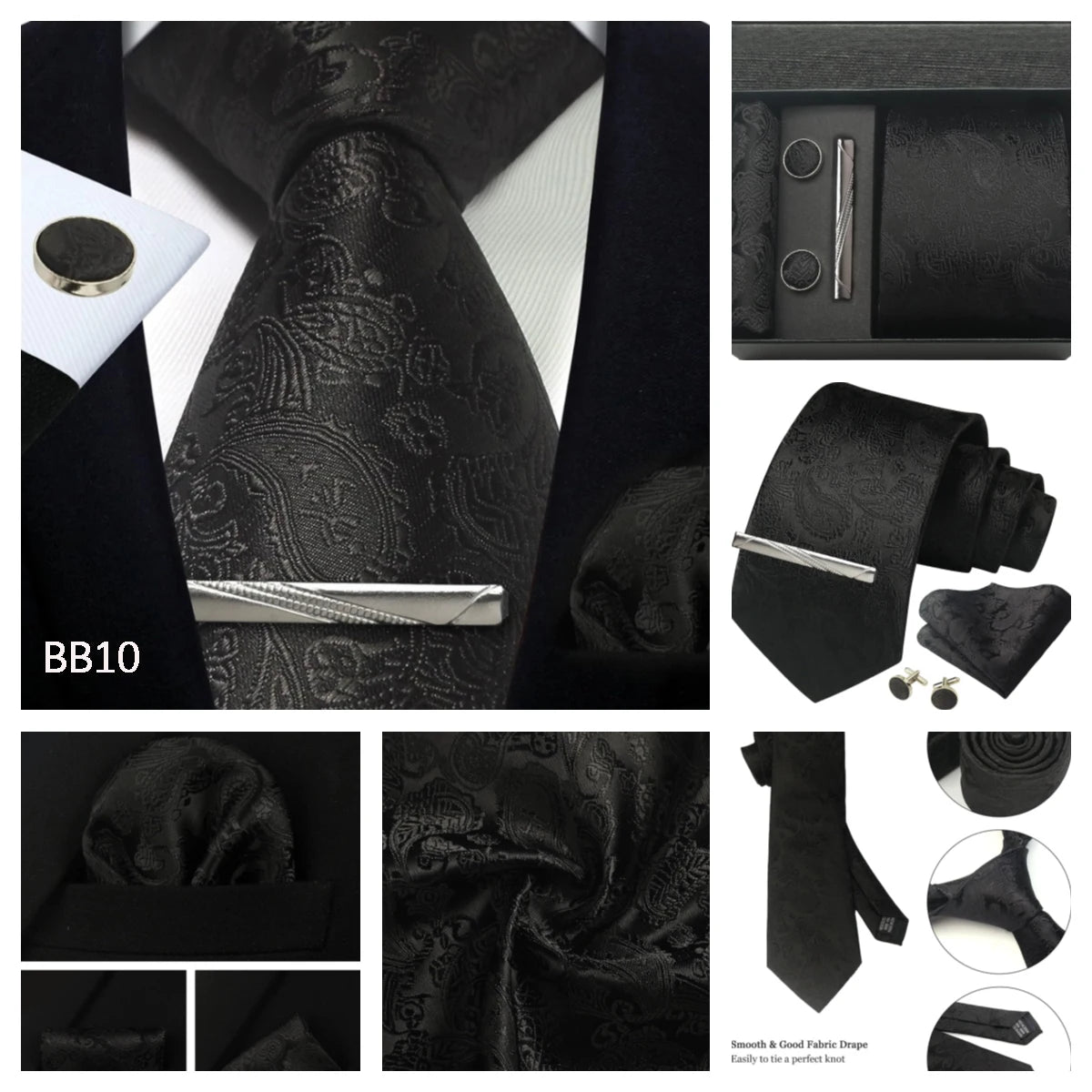 Corbata de seda 100% con diseño floral de Paisley para hombre con pañuelo de bolsillo, pasador de corbata y gemelos en caja de regalo