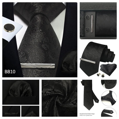 Corbata de seda 100% con diseño floral de Paisley para hombre con pañuelo de bolsillo, pasador de corbata y gemelos en caja de regalo