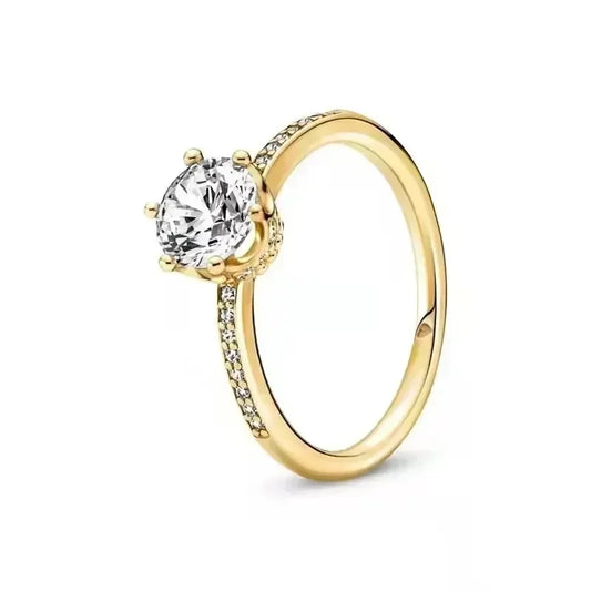 Anillo de moda ajustable con corona de corazón de plata de ley 925 chapado en oro con purpurina para mujer