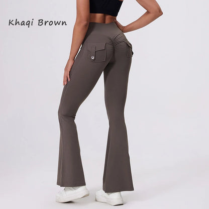 DIAS FIT JOY Pantalon de yoga évasé taille haute pour femme – Legging patte d'éléphant push-up avec poches, pantalon d'entraînement à séchage rapide pour la course, la gym, le fitness et l'exercice