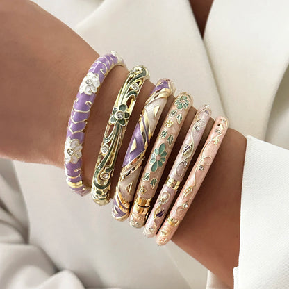 Elegante pulsera de esmalte de flores con circonitas – Pulsera retro chapada en oro con ojo turco floral para mujer | Joyería de moda para fiesta