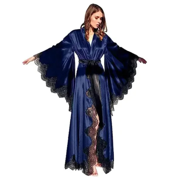 Women’s Black Silk Satin Kimono Robe – Lace Trim Wedding Bride Sleepwear Pajamas Photo Shoot Gown