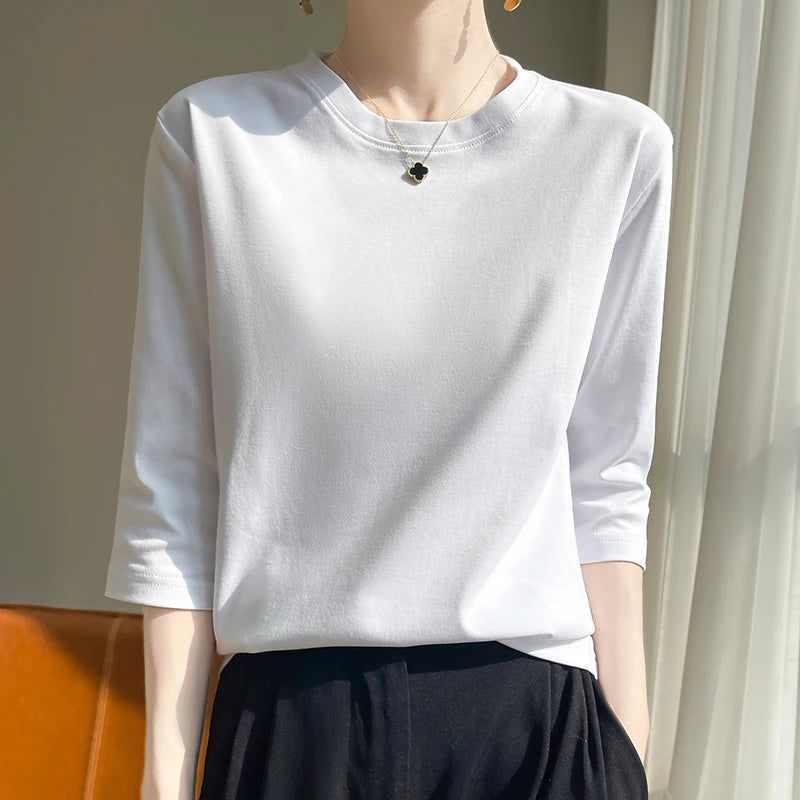 Camiseta de algodón mercerizado para mujer, manga corta, cuello redondo, top básico suave de verano