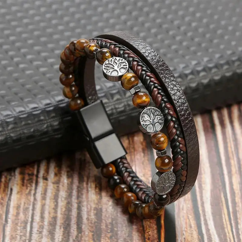 Pulsera de cuero clásica para hombre – Pulsera multicapa tejida a mano para hombre | Accesorio de joyería de moda casual, regalo