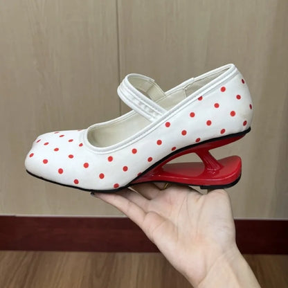 Women’s French Style Mary Jane Heels – Square Toe Thick Heel Pumps with Polka Dot Design & Shallow Cut Upper