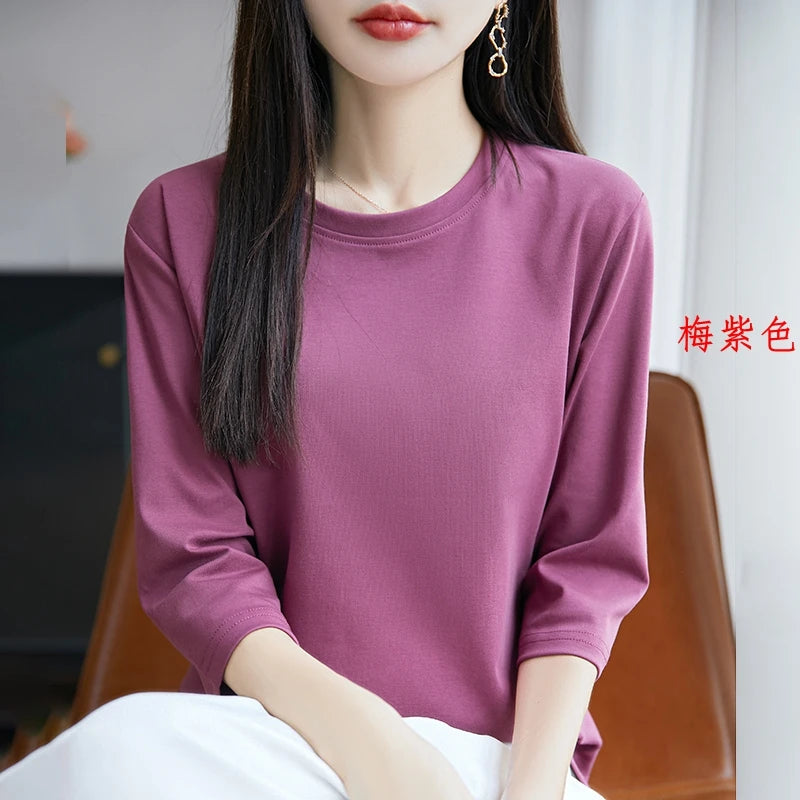 Camiseta de algodón mercerizado para mujer, manga corta, cuello redondo, top básico suave de verano
