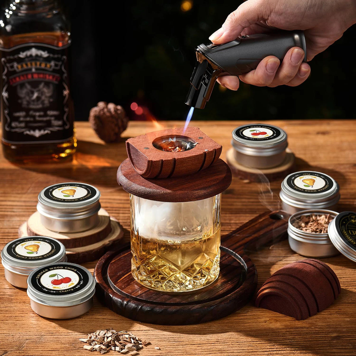 Cocktail Smoker Kit with Apple, Cherry, Oak & Pecan Wood Chips – Whiskey Drink Smoker with Wooden Smoking Hood for Bar & Kitchen