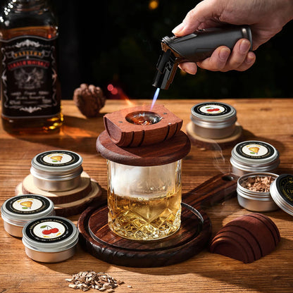 Cocktail Smoker Kit with Apple, Cherry, Oak & Pecan Wood Chips – Whiskey Drink Smoker with Wooden Smoking Hood for Bar & Kitchen