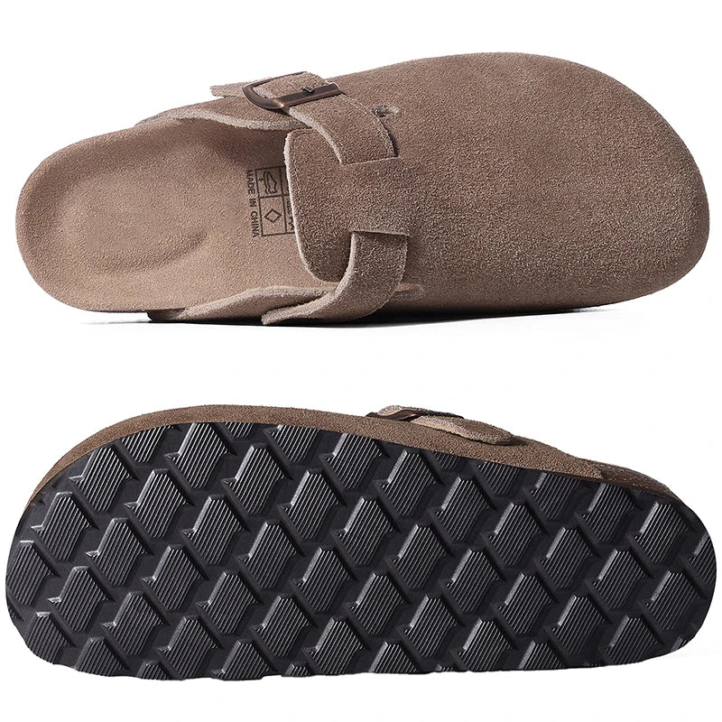 Kidmi Zuecos de ante de vaca para mujer y hombre, mules con plantilla de corcho, correa ajustable y soporte para el arco del pie