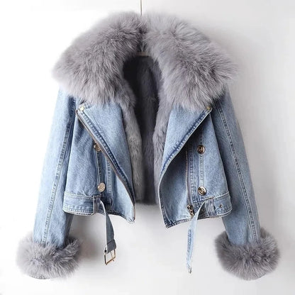 Women’s Faux Fox Fur Collar Denim Jacket – Short Winter Parka with Rabbit-Hair Lining, Warm Fashion Coat & Casual Outerwear
