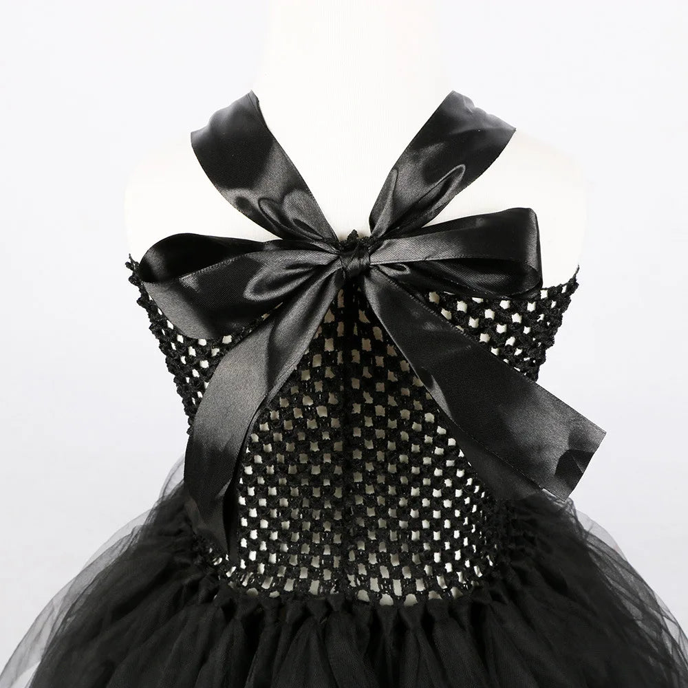 2026 Girls’ Evil Queen Halloween Costume – Black Tulle Mesh Princess Cosplay Dress, Gothic Dress-Up Outfit for Kids’ Halloween Parties