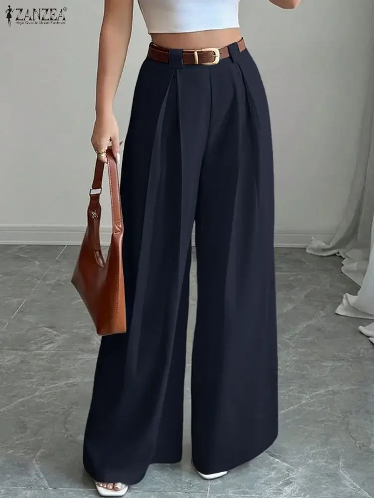 2025 ZANZEA Women's High-Waist Wide-Leg Trousers – Elegant Pleated Palazzo Pants for Office, Work, Autumn & Casual Streetwear