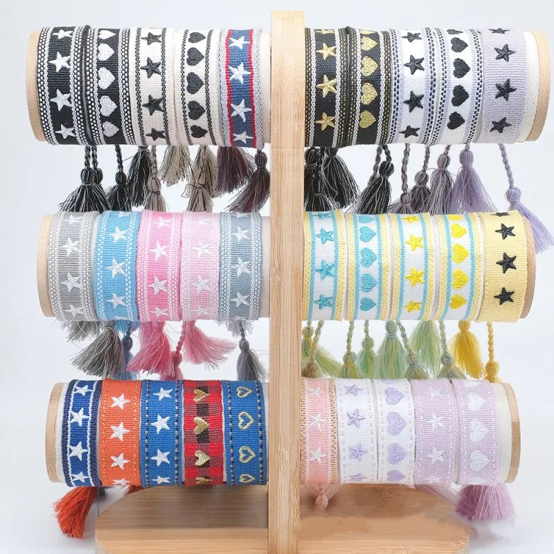 Pulsera de estrella bordada bohemia – Correa de muñeca tejida a mano con borlas para mujer | Regalo de joyería de moda étnica