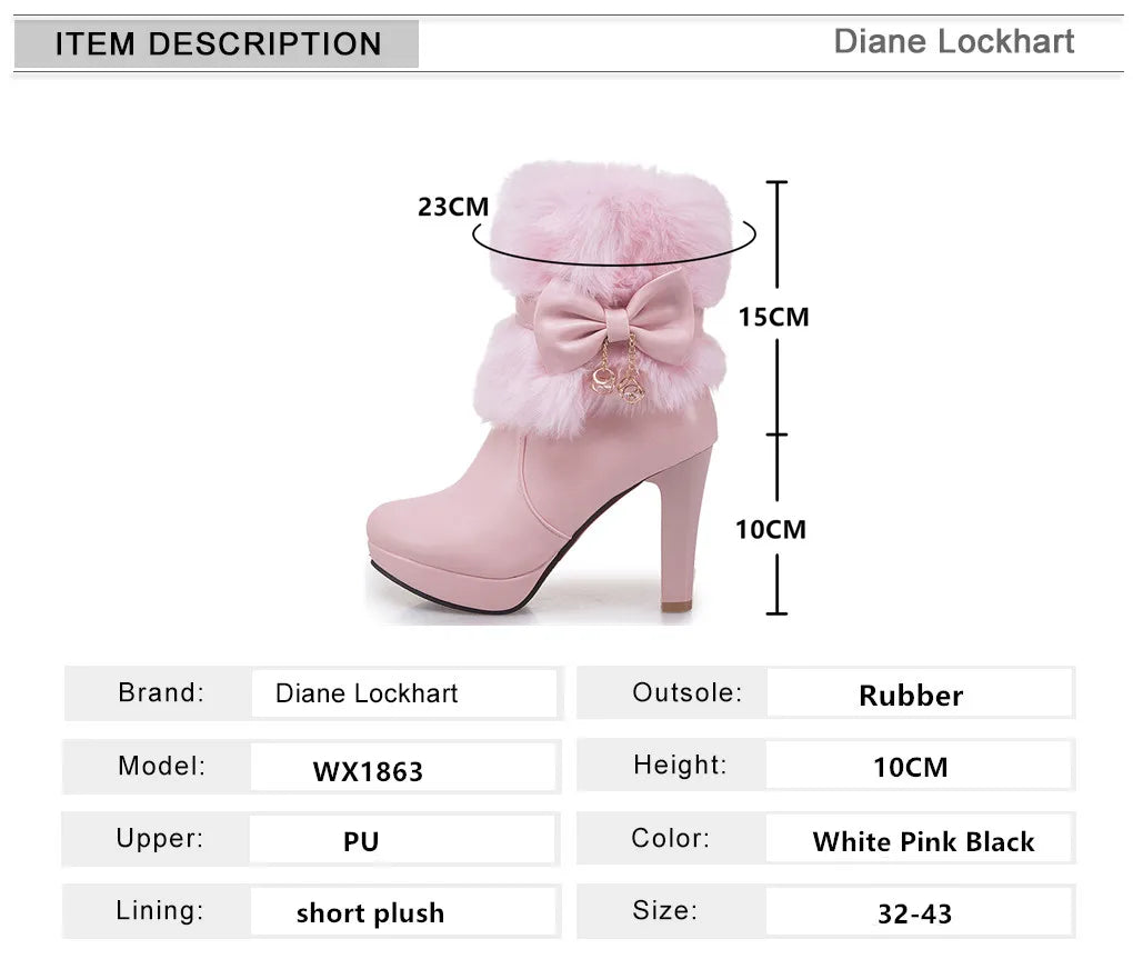 Women’s Winter High Heel Boots – Pink, White & Black Fur Tassel Bowtie Lolita Party & Wedding Shoes, Fashion Boots Size 34–43