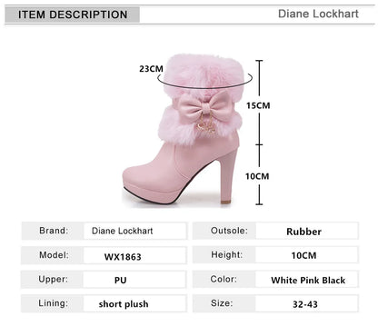 Women’s Winter High Heel Boots – Pink, White & Black Fur Tassel Bowtie Lolita Party & Wedding Shoes, Fashion Boots Size 34–43