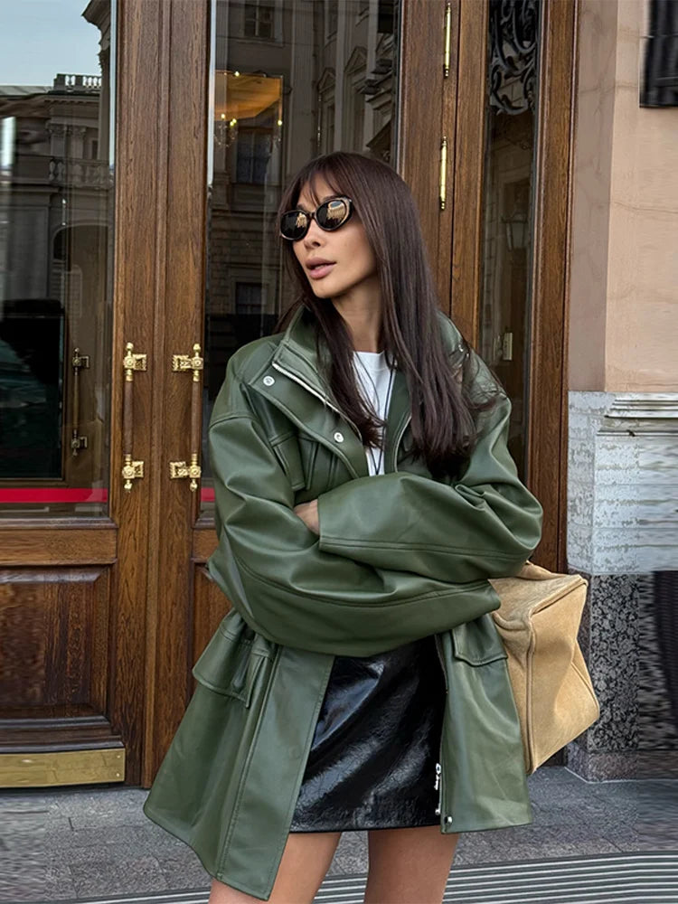 Women’s PU Leather Jacket – Long-Sleeve Stand Collar Zip-Up Coat, Casual Streetwear Outerwear for Autumn & Winter