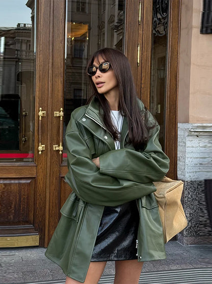 Women’s PU Leather Jacket – Long-Sleeve Stand Collar Zip-Up Coat, Casual Streetwear Outerwear for Autumn & Winter
