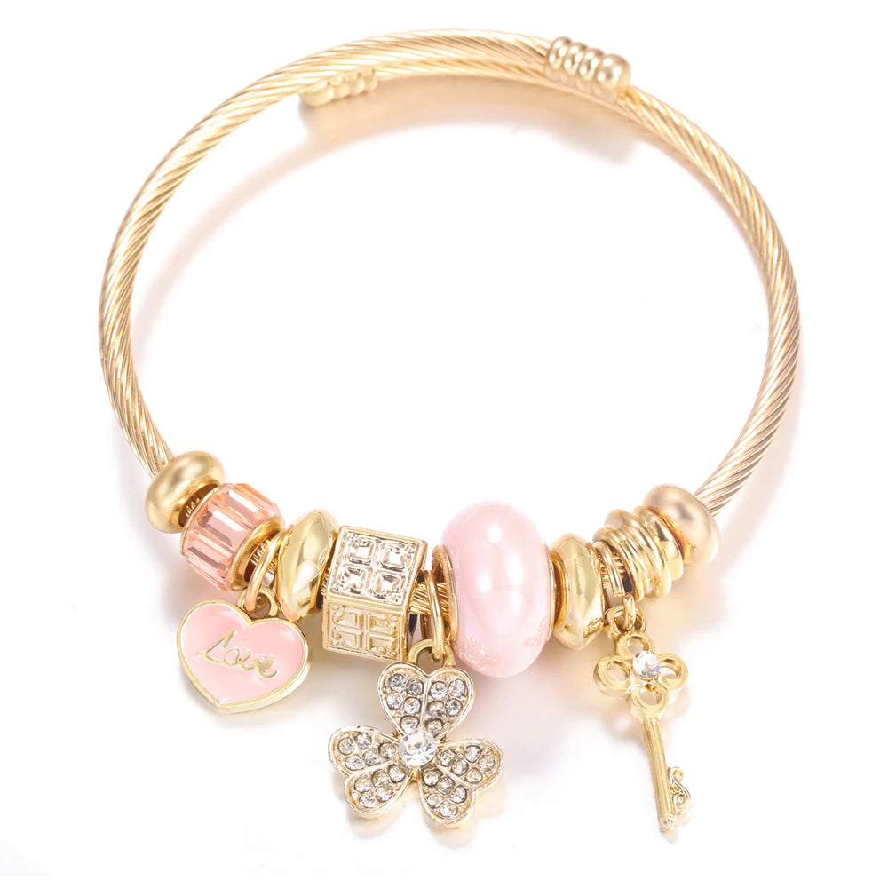 Pulsera con colgante de corazón y cuentas – Pulsera de abalorios de acero inoxidable de 4 colores para mujer | Regalo de joyería de moda dorada de tendencia
