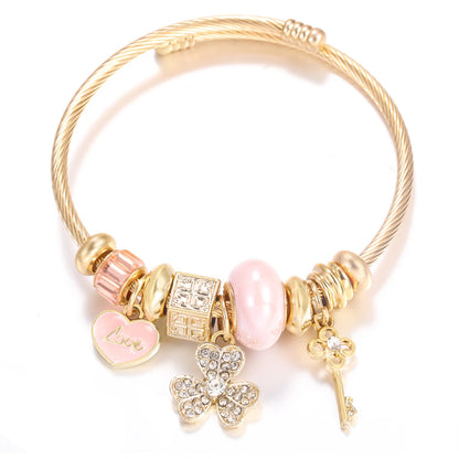 Pulsera con colgante de corazón y cuentas – Pulsera de abalorios de acero inoxidable de 4 colores para mujer | Regalo de joyería de moda dorada de tendencia