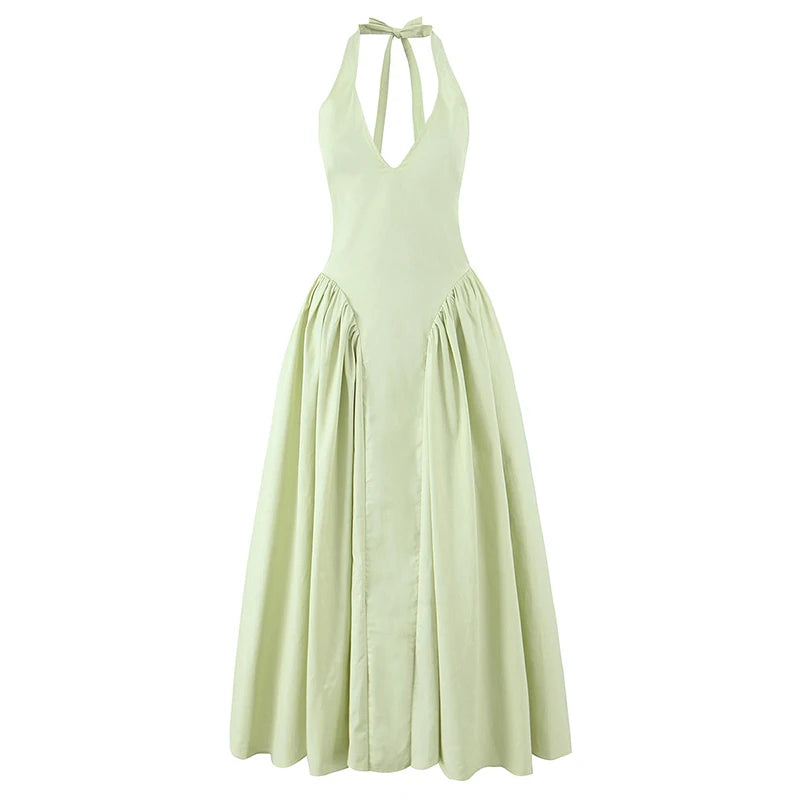 YENKYE Women’s Sexy Backless Green Halter Midi Dress Elegant Low Waist A-Line Cotton Summer Evening Party Robe