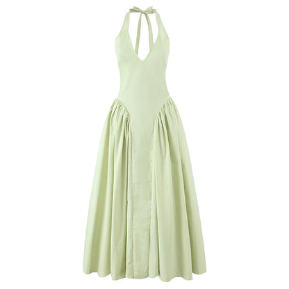 YENKYE Women’s Sexy Backless Green Halter Midi Dress Elegant Low Waist A-Line Cotton Summer Evening Party Robe